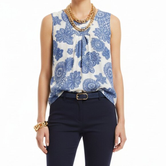 Armani Collezioni Blue & White Floral Print Short Sleeve Blouse Top 8 - Picture 1 of 5